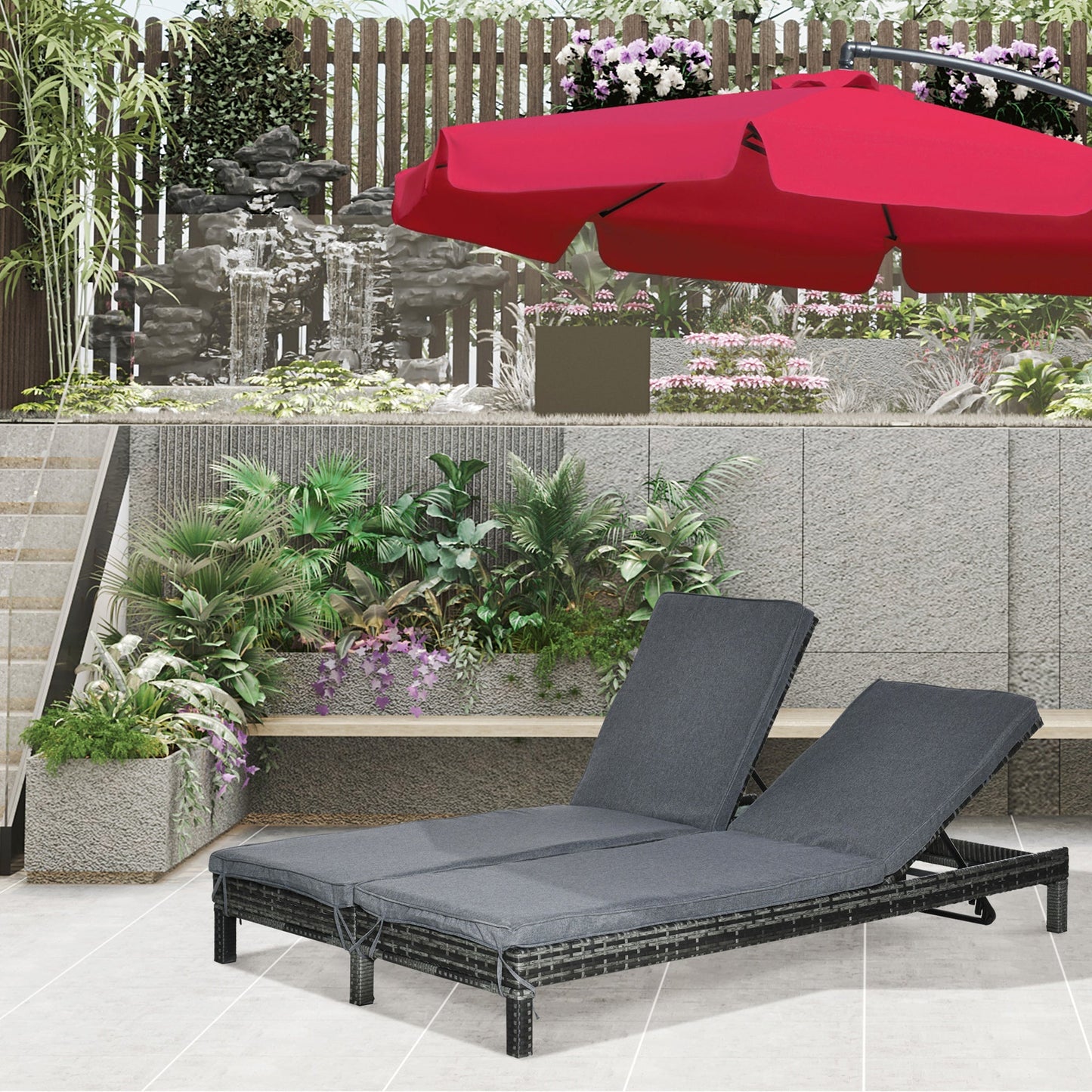 Double Seater Sun Lounger, Steel and Rattan Deckchair, Adjustable Backrest, 196 x 120 x 28cm Grey - Borgè