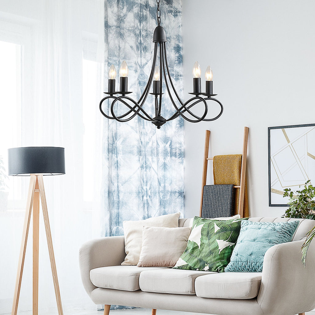 ceiling chandelier in black braided steel with 5 candles - Borgè