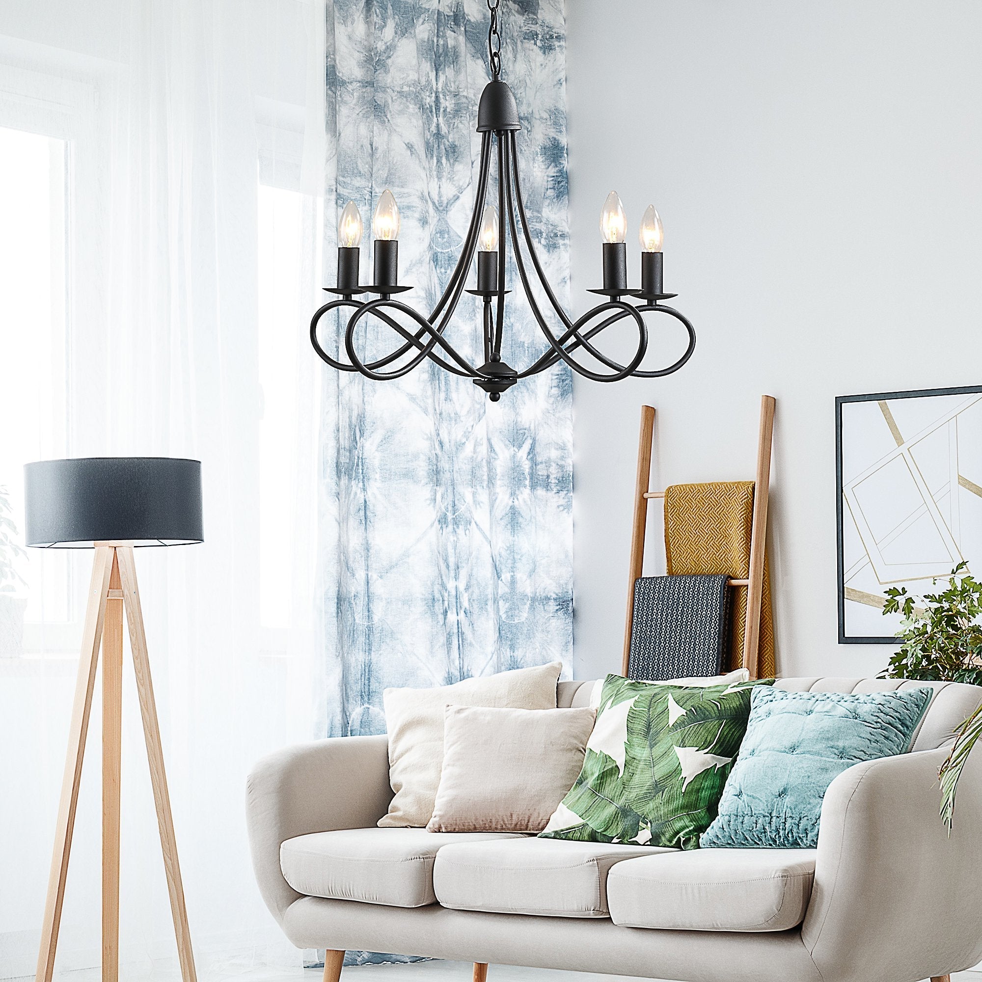 ceiling chandelier in black braided steel with 5 candles - Borgè