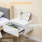 bedside table set 2 pieces with drawer and design suspended in chipboard and mdf, 49x38x23 cm, white - Borgè