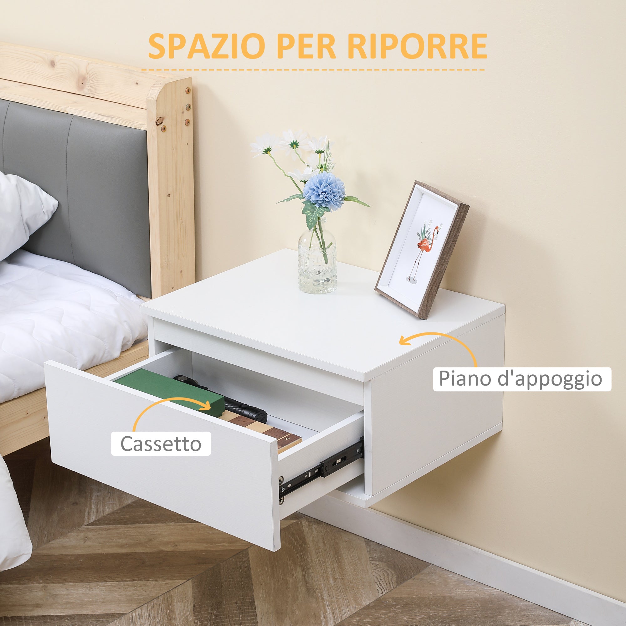 bedside table set 2 pieces with drawer and design suspended in chipboard and mdf, 49x38x23 cm, white - Borgè