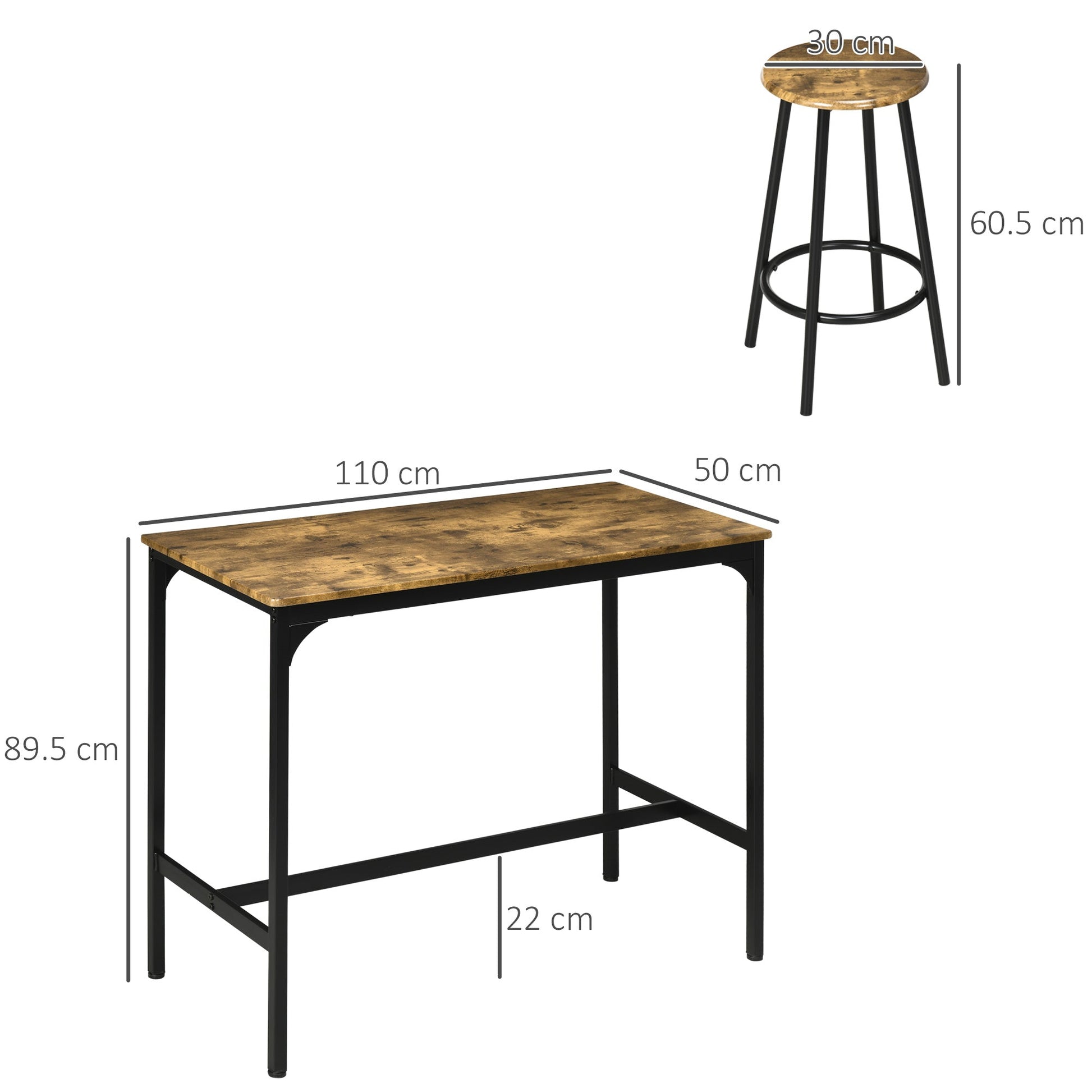 sets from bar 5 pieces with high table and 4 industrial style stools, brown and black - Borgè