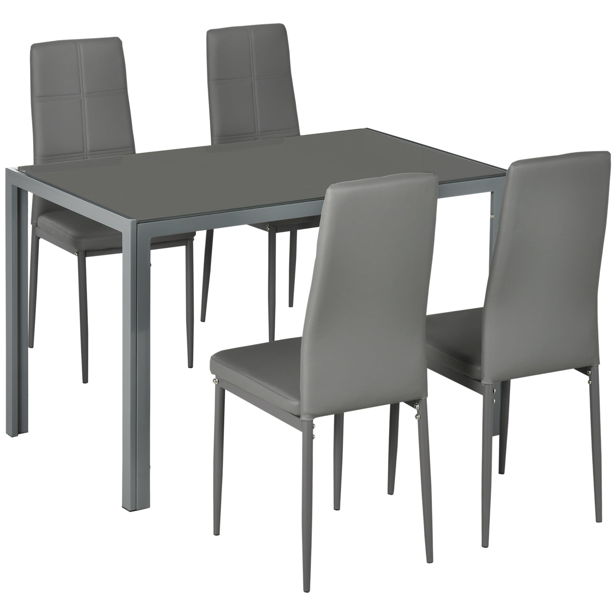 Dining Set 5 pieces with 1 dining table and 4 modern -like chairs, metal and tempered glass, Grey - Borgè