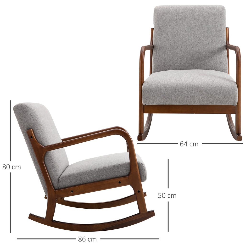 padded rocking armchair, vintage wooden design and Grey linen, for interiors, office, living room, 64x86x80cm - Borgè