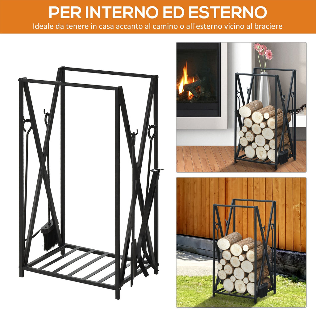 interior and outdoor portal in steel, wood wood for fireplace 46x30x76cm - black - Borgè