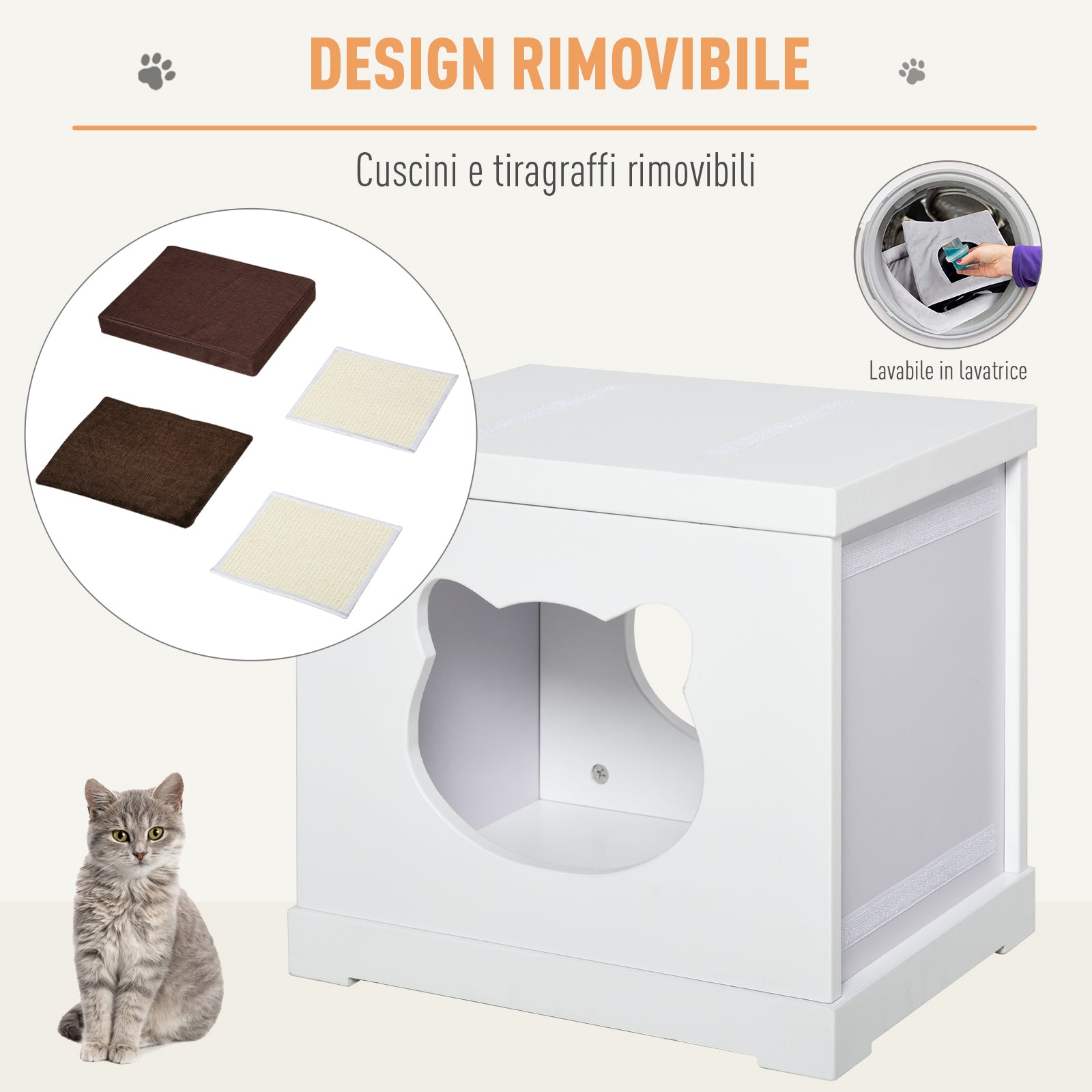 Wooden Cat House with 2 Pillows and Removable Scratching Post, White and Brown, 41x30x36cm - Borge' Group Limited