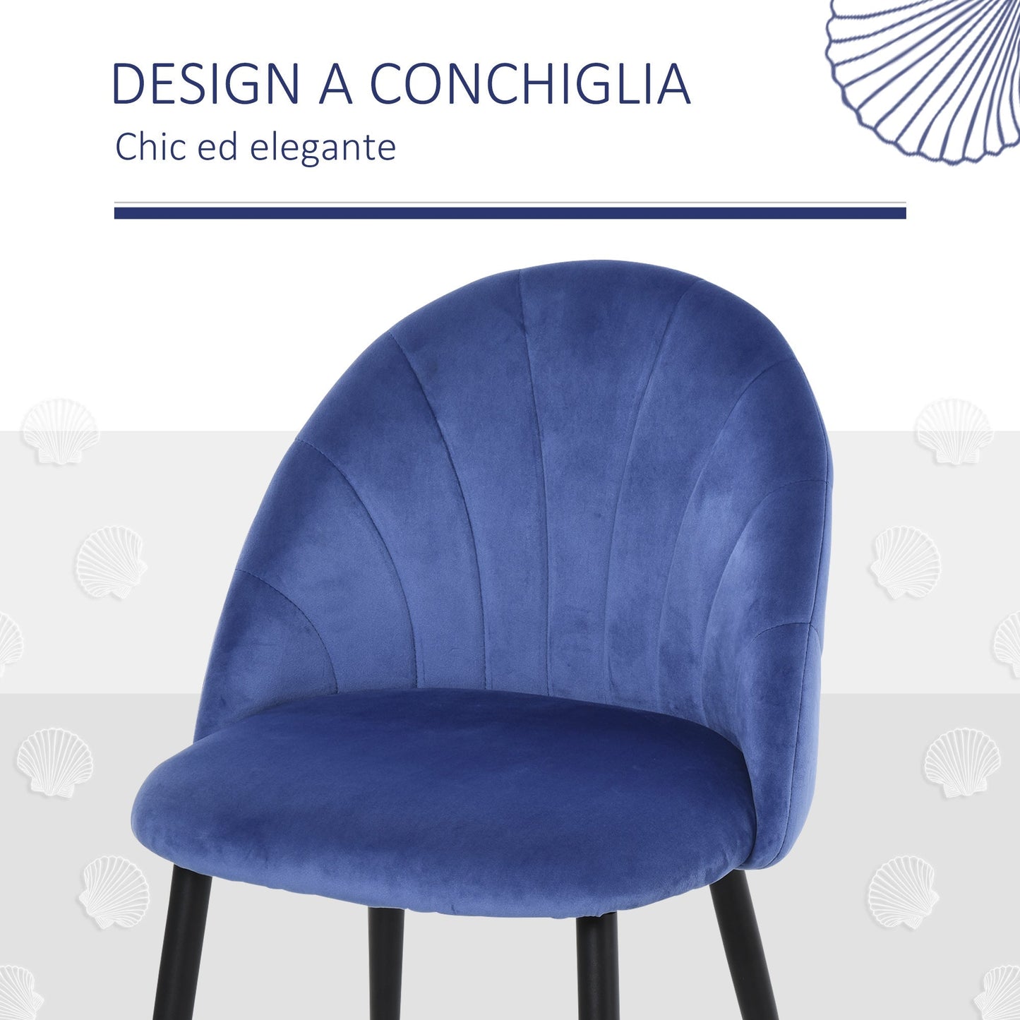 Set 2 chairs of dining room and living room padded, Nordic and ergonomic design in metal and blue velvet, 52x54x79 cm - Borgè