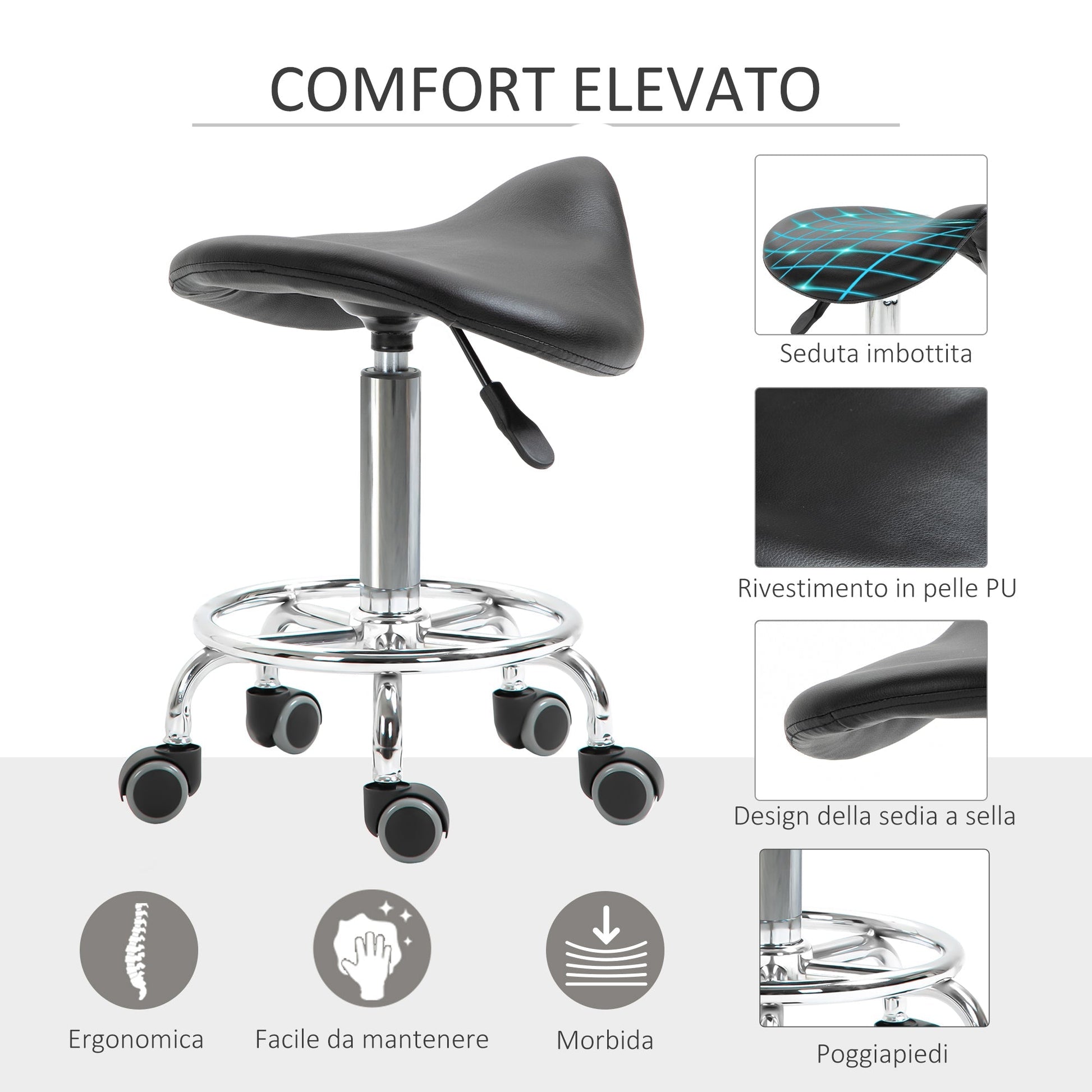 Height adjustable stool with 5-wheeled and stuffed ergonomic session in rubber-tap, 36.2x37.5x51-66 cm, black - Borgè