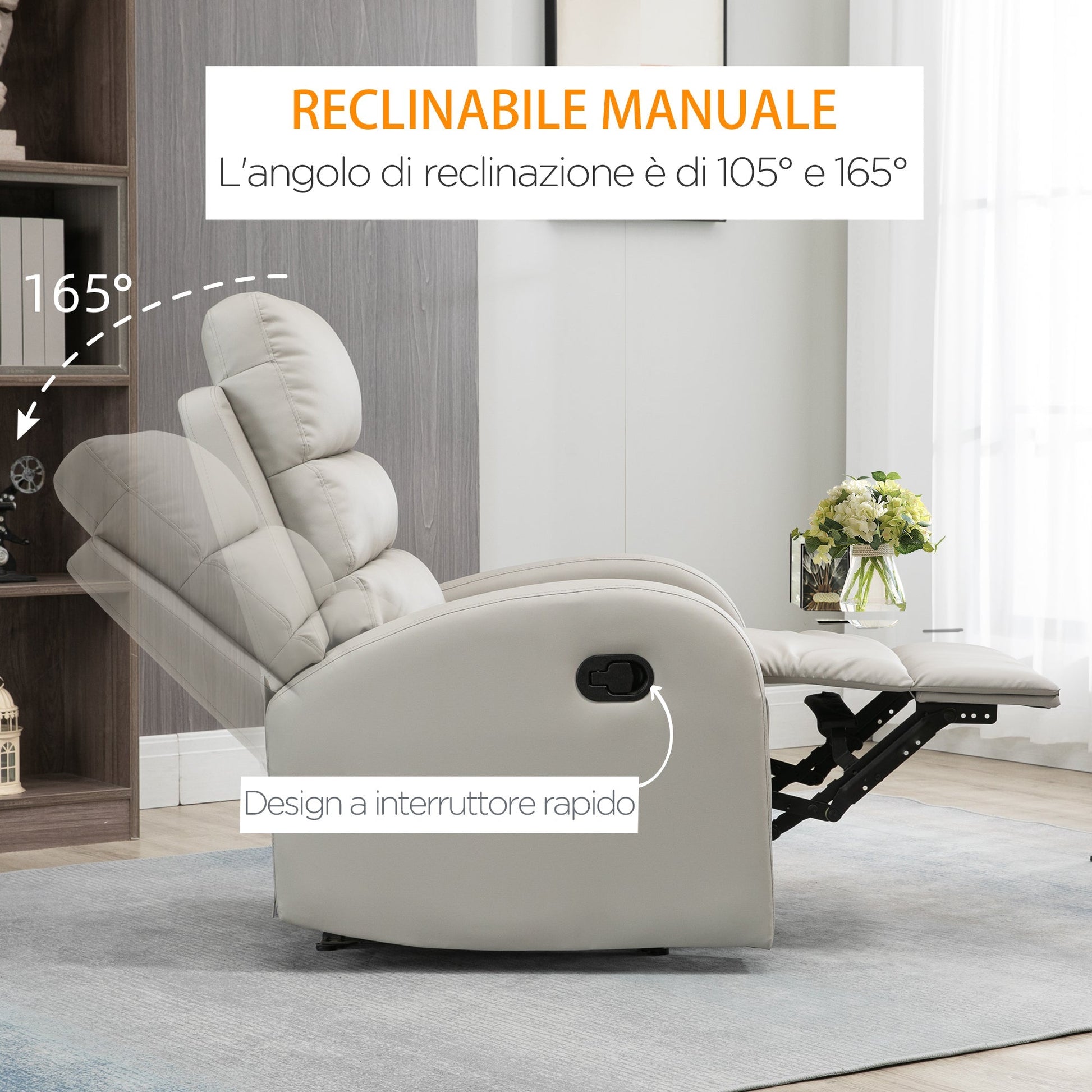 Relaxable relaxation armchair with padded seat and home and office footrests, 80x91x102 cm, Grey - Borgè