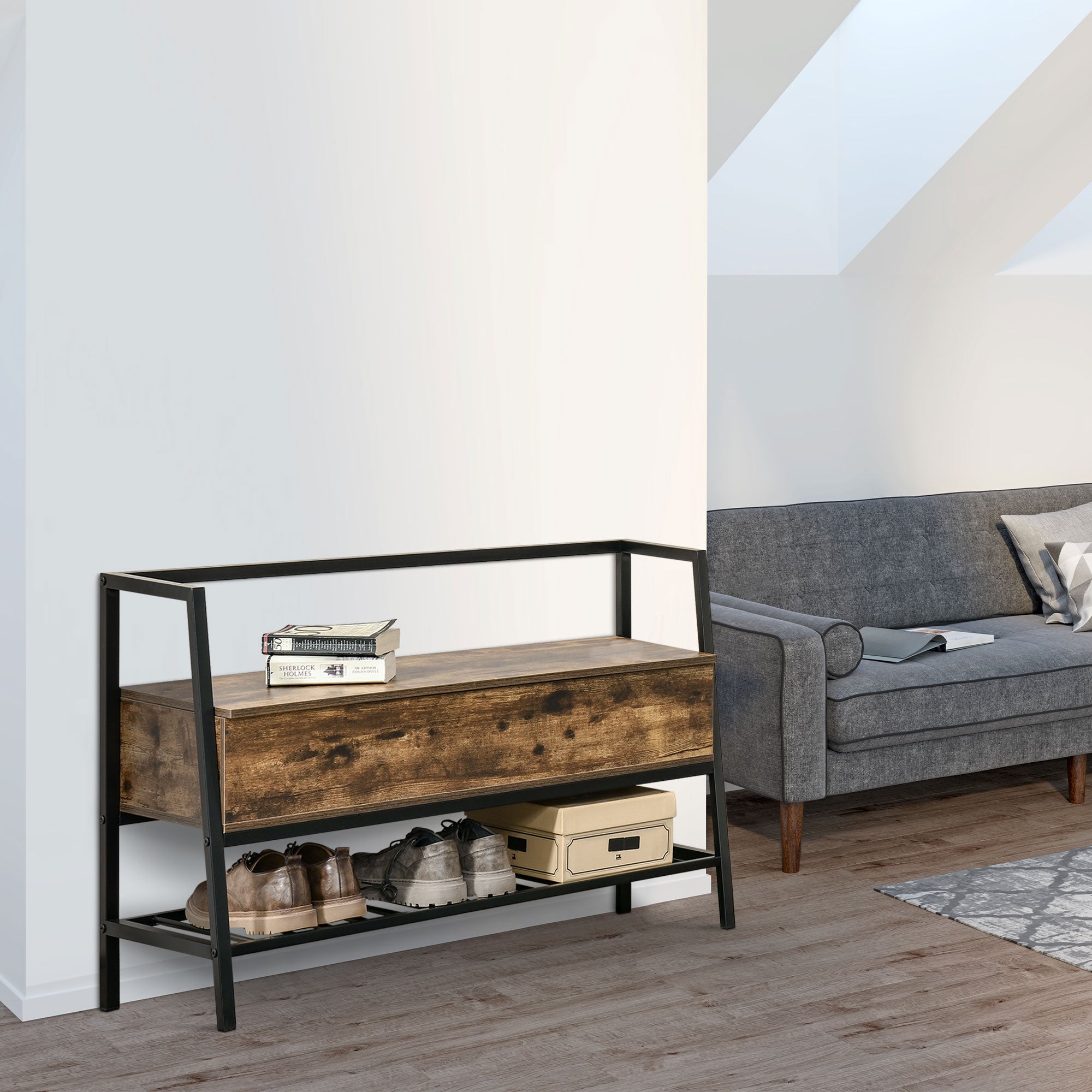 Mobile shoe rack with wood and metal container compartment - brown - Borgè