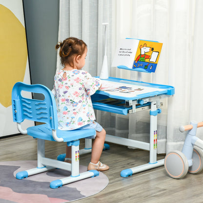 Children's Desk with Chair for 6-12 Years Old with Adjustable Height and Angle, Blue - Borgè