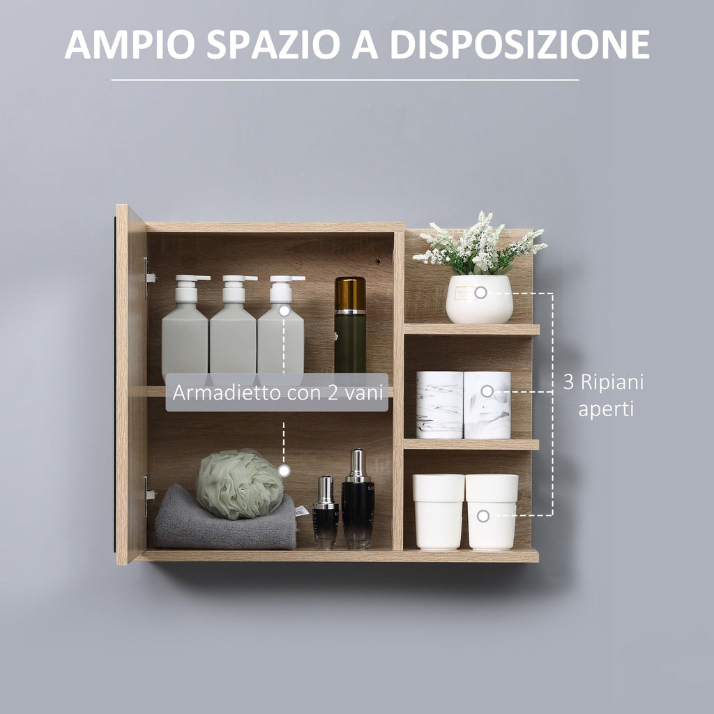Kleankin Wall Bathroom Mirror With Door And 3 Wooden Side Shelves, 60x18x50cm - Borgè
