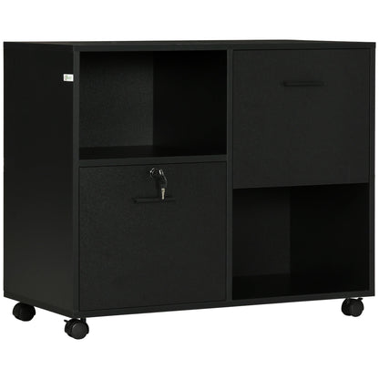 Cabinet for Office with 2 Drawers for Documents and Shelves, Wheels with Lock, 80x40x66cm, Black - Borgè