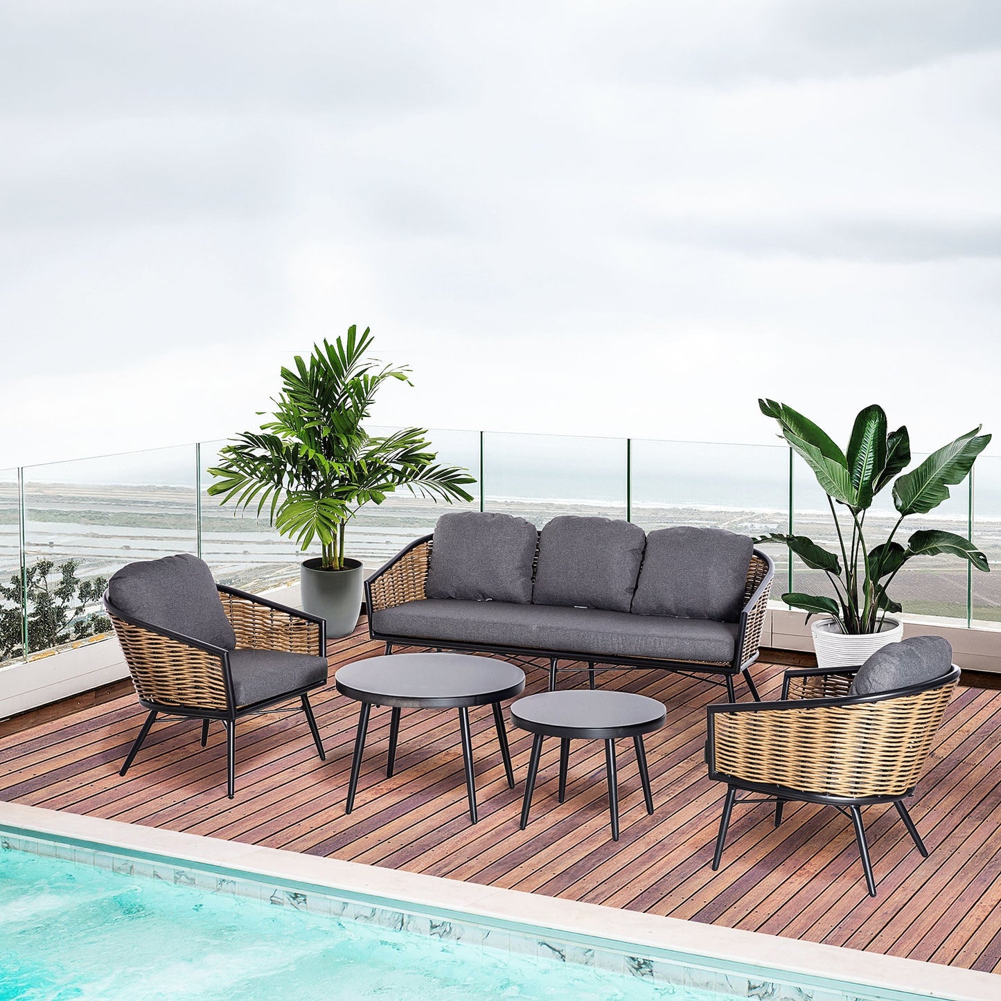 Outsunny Set of Rattan Garden Furniture 5 Pieces, Outdoor Sall With 2 Table Tables, 3 -seater sofa and 2 armchairs with cushions - Borgè