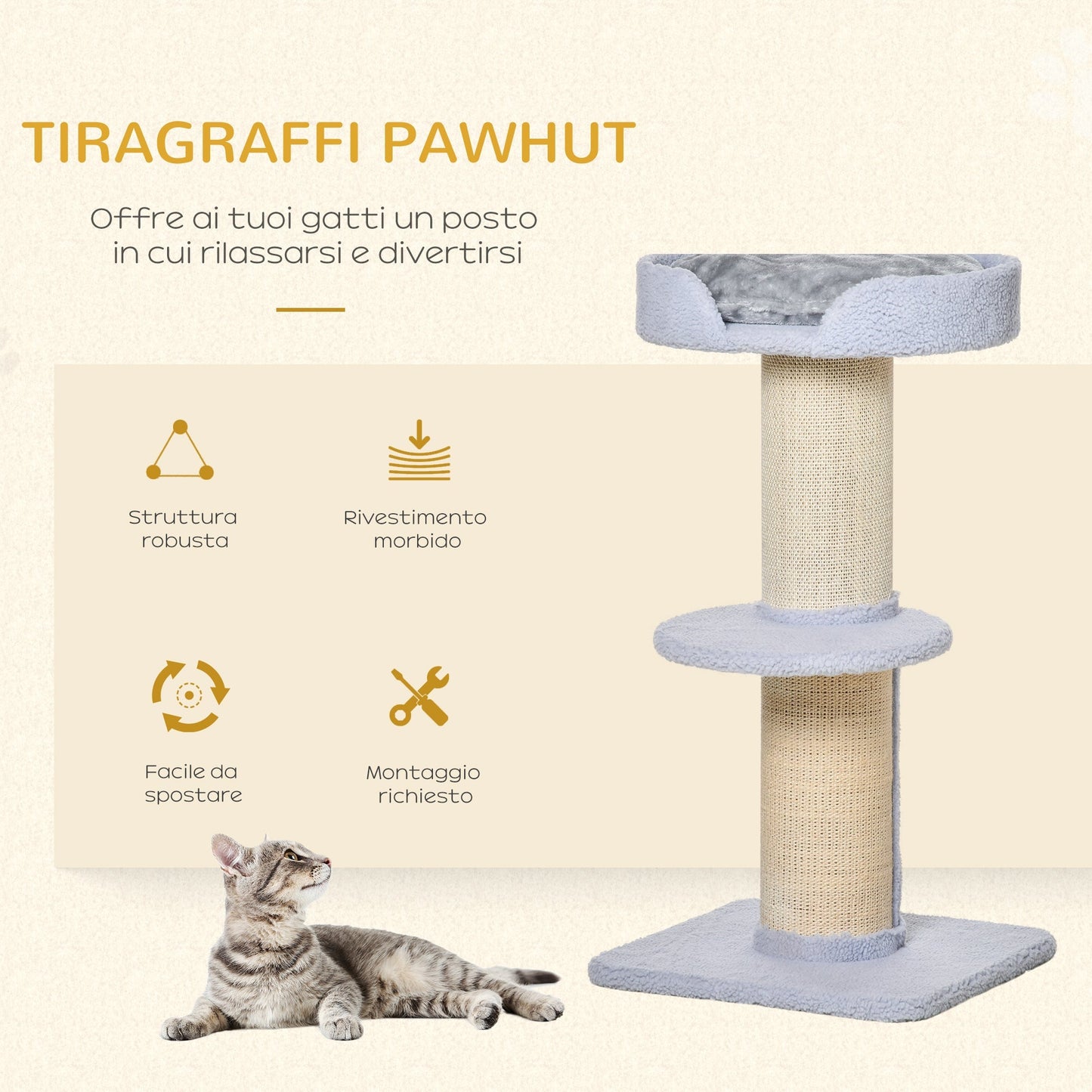 Cat Tree for cats with Scratch Pole , 45x45x91cm, Azzurro - Borgè