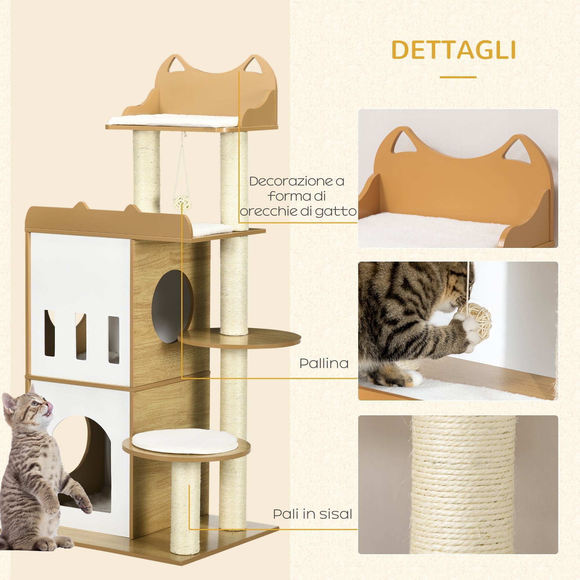Cat Tree with Cat Scratching Post, 2 Cat Houses, Perches and Play Ball, 60x48x133 cm - Borge' Group Limited