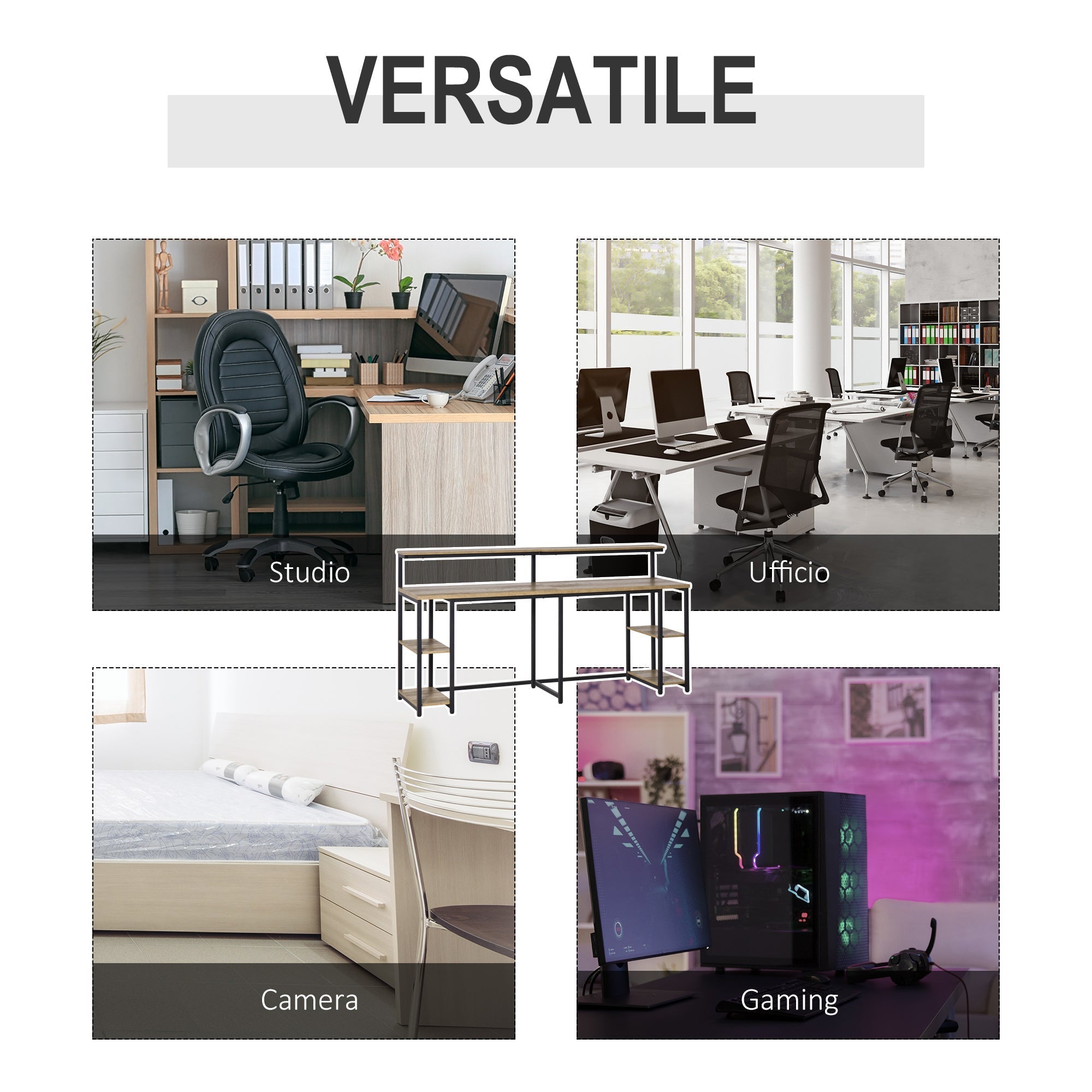 Homcom Double desk with shelves and industrial style shelf in metal and mdf, 200x53x100cm, black brown - Borgè