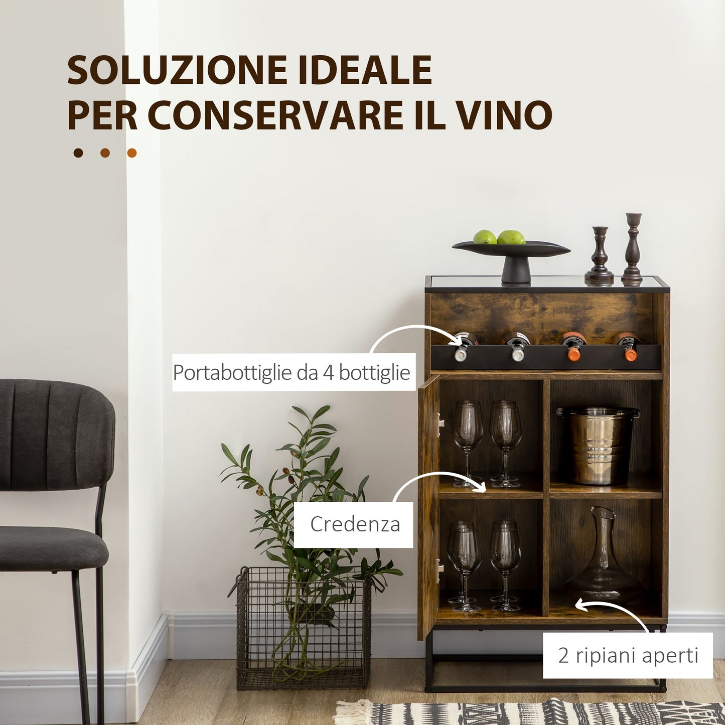 Multiuse Mobile with Portabottili, open rooms and industrial style cabinet, 60x40x100cm, brown - Borgè