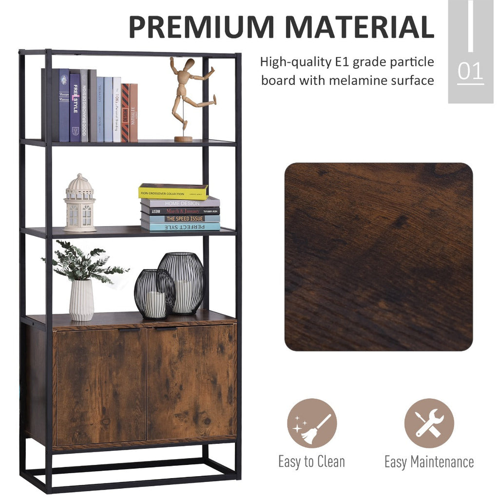 Wall bookcase shelf with doors and 3 wooden and black metal shelves - Borgè