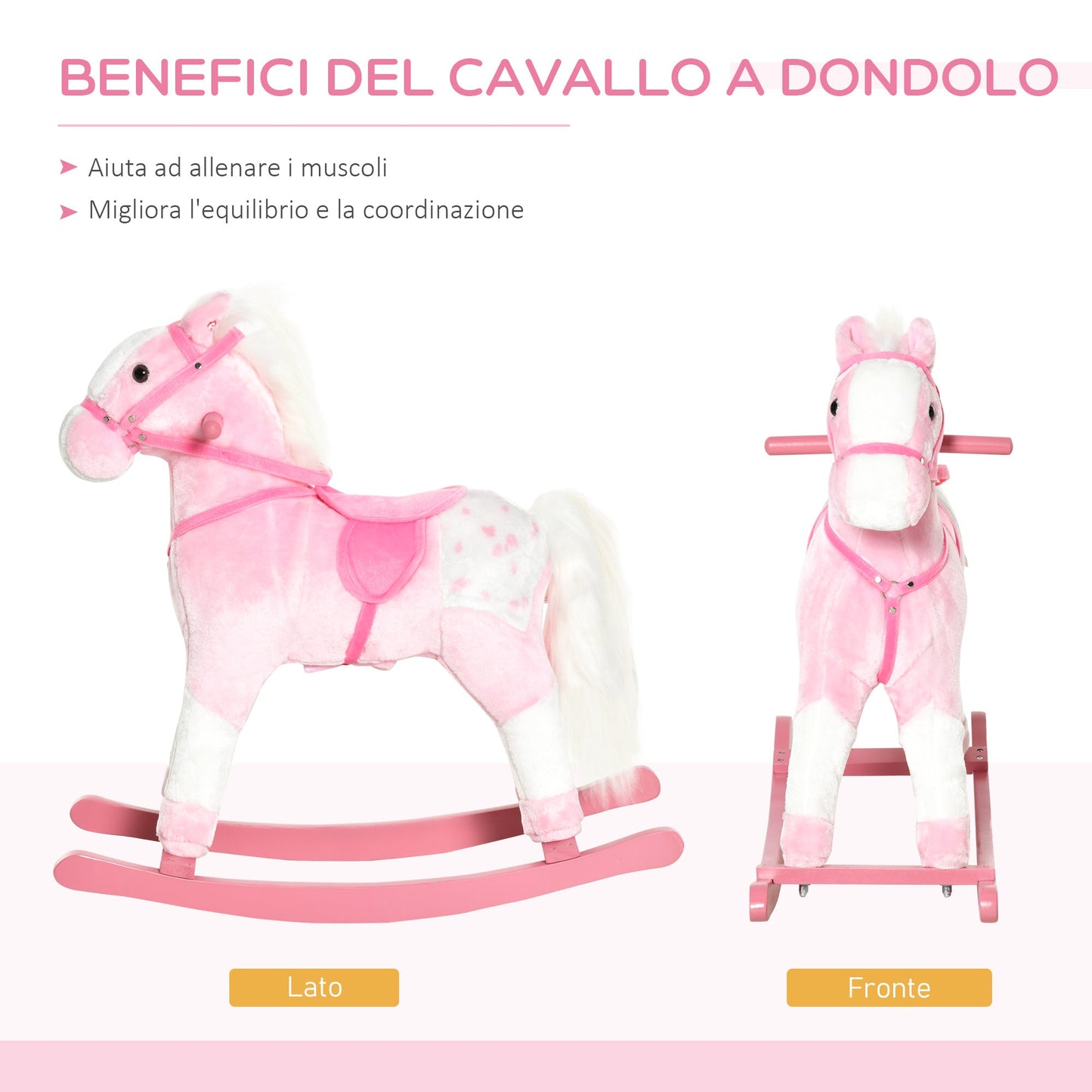 Homcom wooden horse in wood with animal sound toy gift for children 74 x 28 x 65cm pink - Borgè