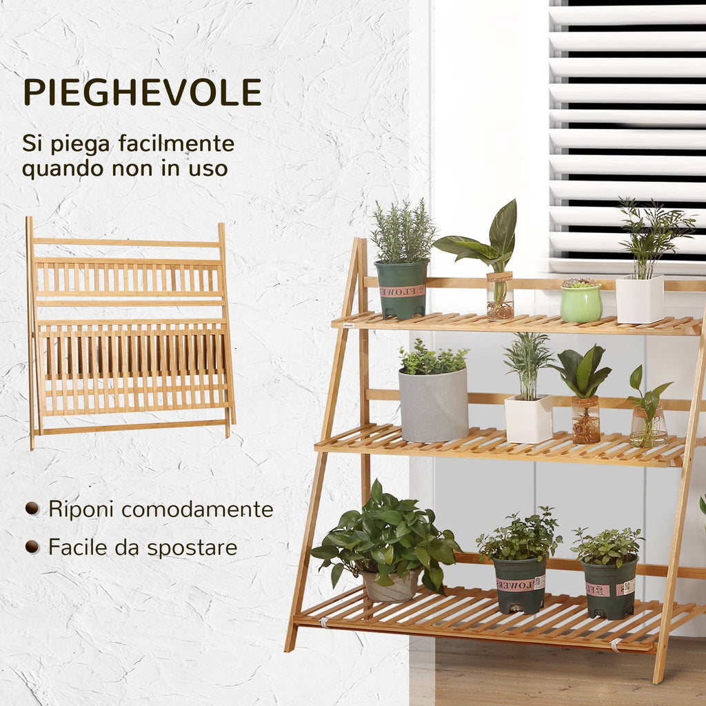 3 Tier Bamboo Outdoor Planter with Raised and Folding Design, 98x37x96.5 cm, Wood Color - Borge' Group Limited