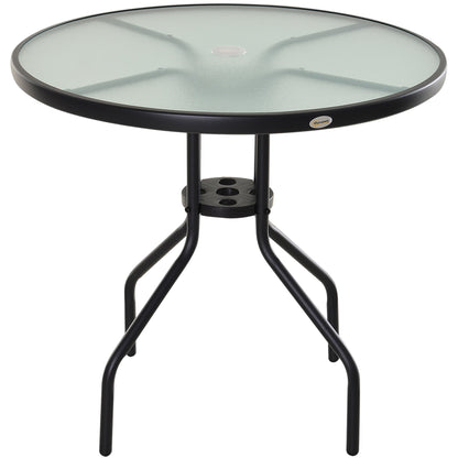 Outsunny garden table with tempered glass top and hole for steel umbrella ф80 x 72 cm black - Borgè