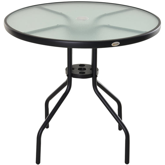 Outsunny garden table with tempered glass top and hole for steel umbrella ф80 x 72 cm black - Borgè