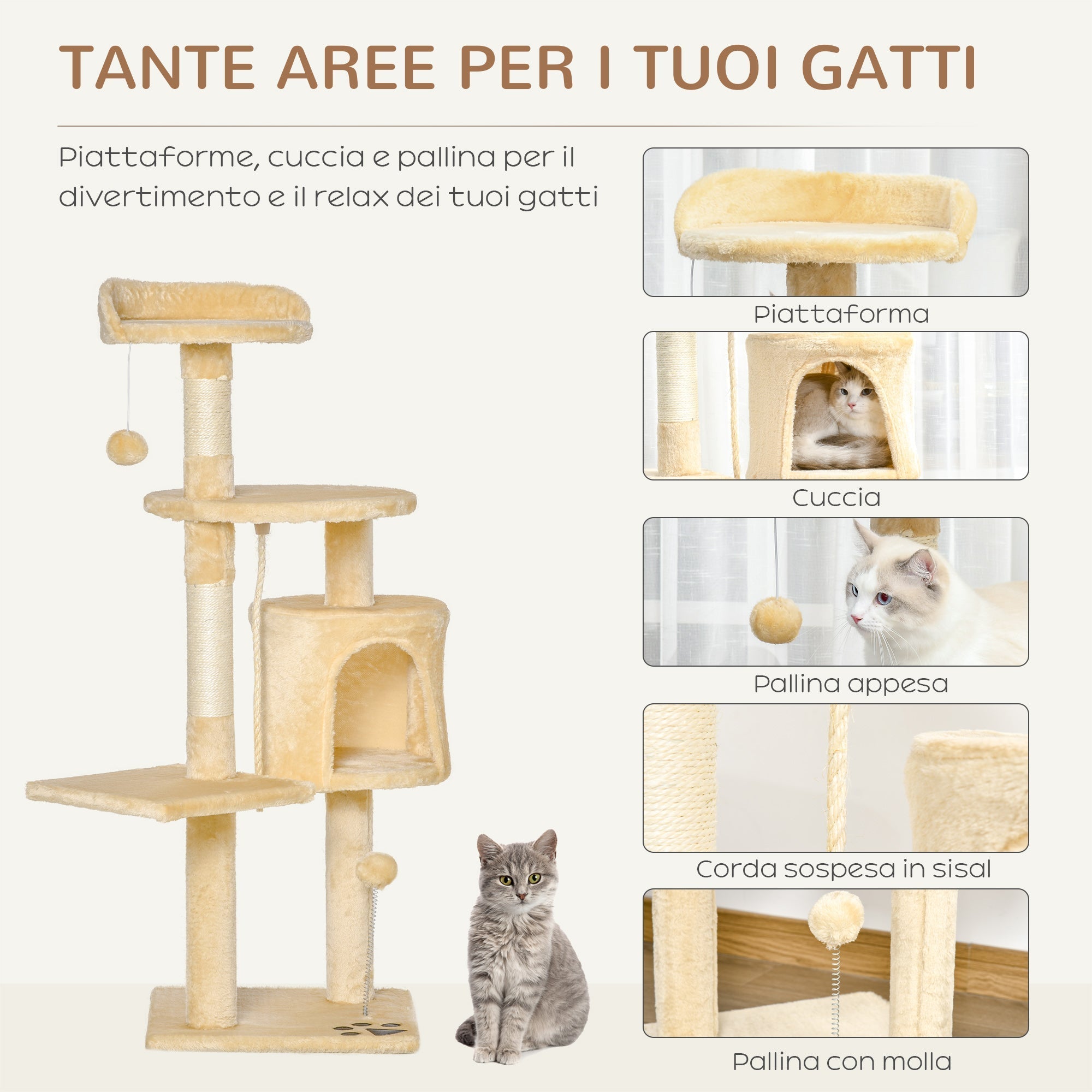Beige Cat Tree for cats with Scratch Pole , 40x40x114cm - Borge' Group Limited