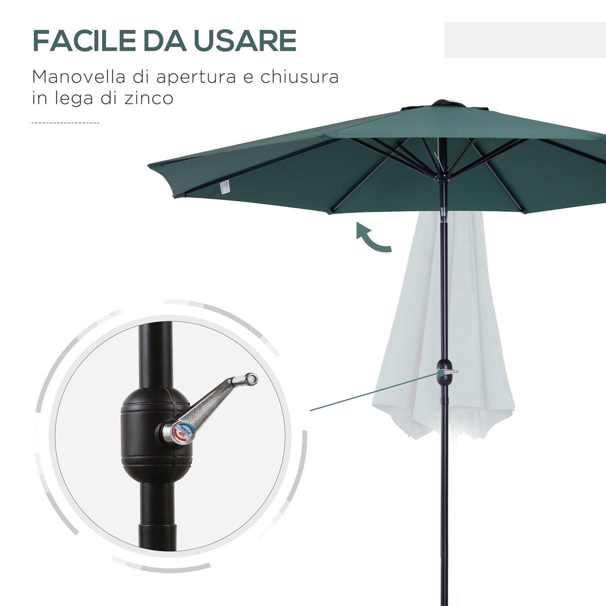 3x2.5 m Tilting Garden Umbrella with Crank Handle, Metal and Green Polyester - Borge' Group Limited