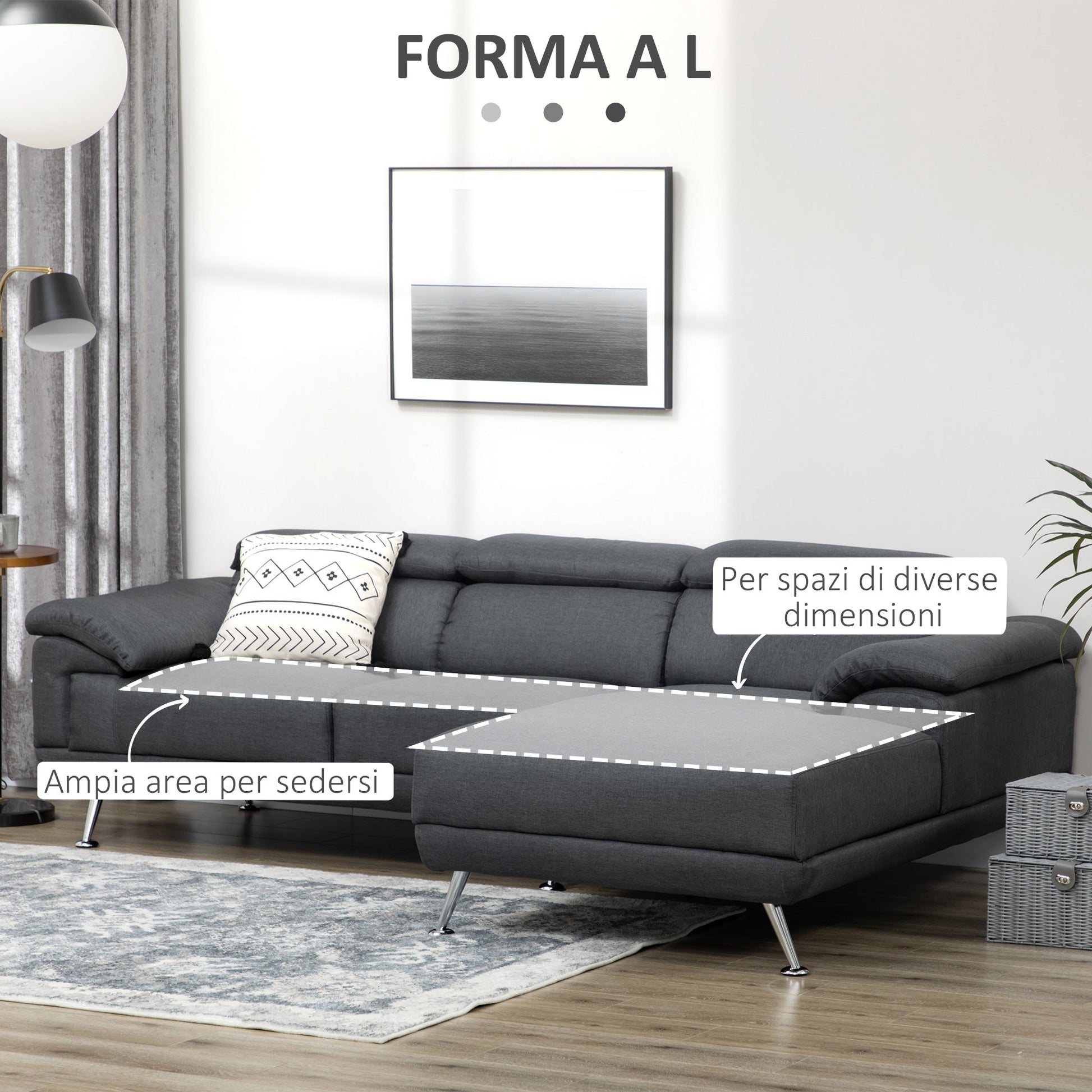 DORI | Dark Grey 3 - seater Corner Sofa with adjustable headrest, 249.5x162.5x95cm, dark Grey - Borgè