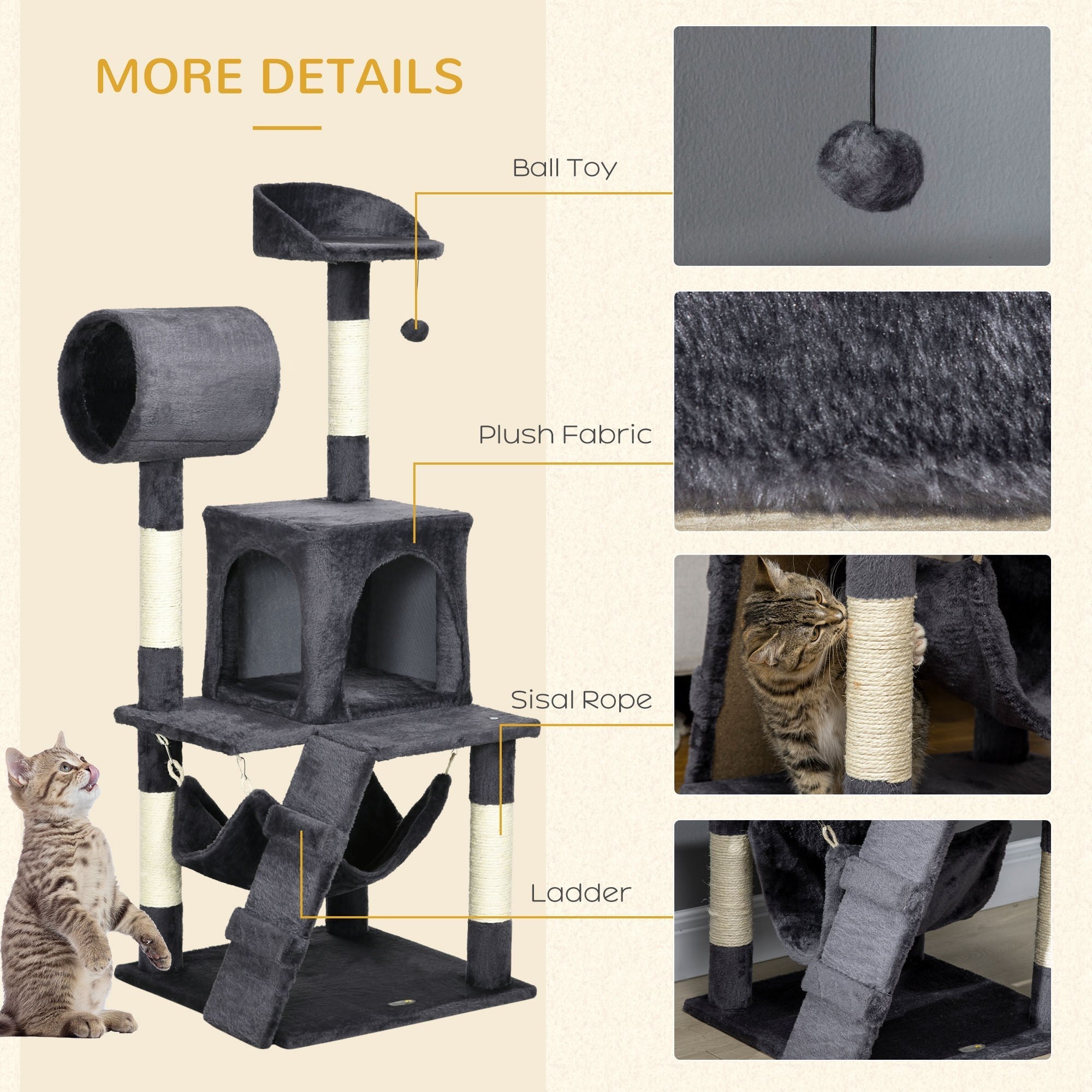 Cat Tree with Cat Scratching Post, Cat House, Hammock, Bed, Tunnel and Ball, 48x48 x125 cm, Dark Grey - Borge' Group Limited