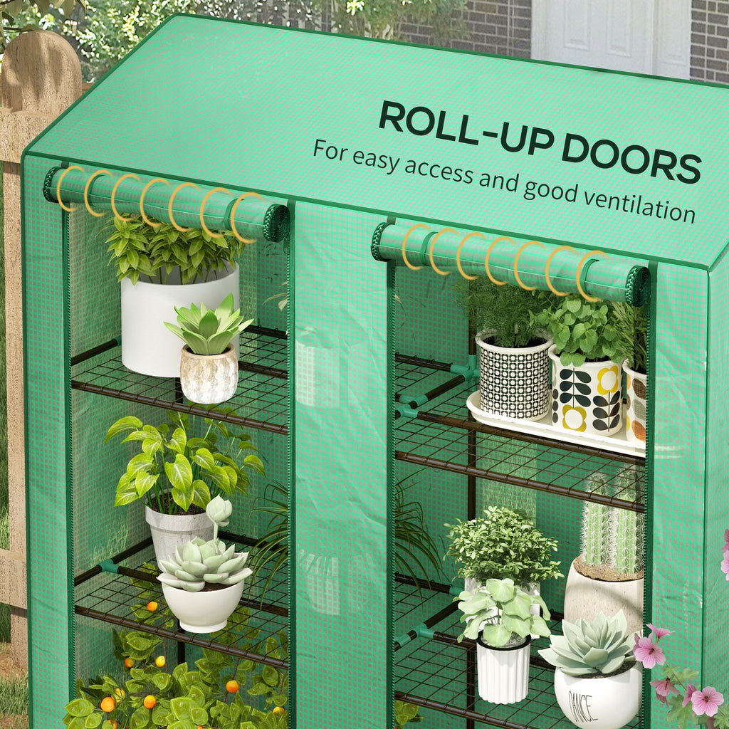 Outsunny garden greenhouse with pear coverage, 6 shelves and 2 roller shown doors, 143x46x151cm, green - Borgè