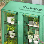 Outsunny garden greenhouse with pear coverage, 6 shelves and 2 roller shown doors, 143x46x151cm, green - Borgè
