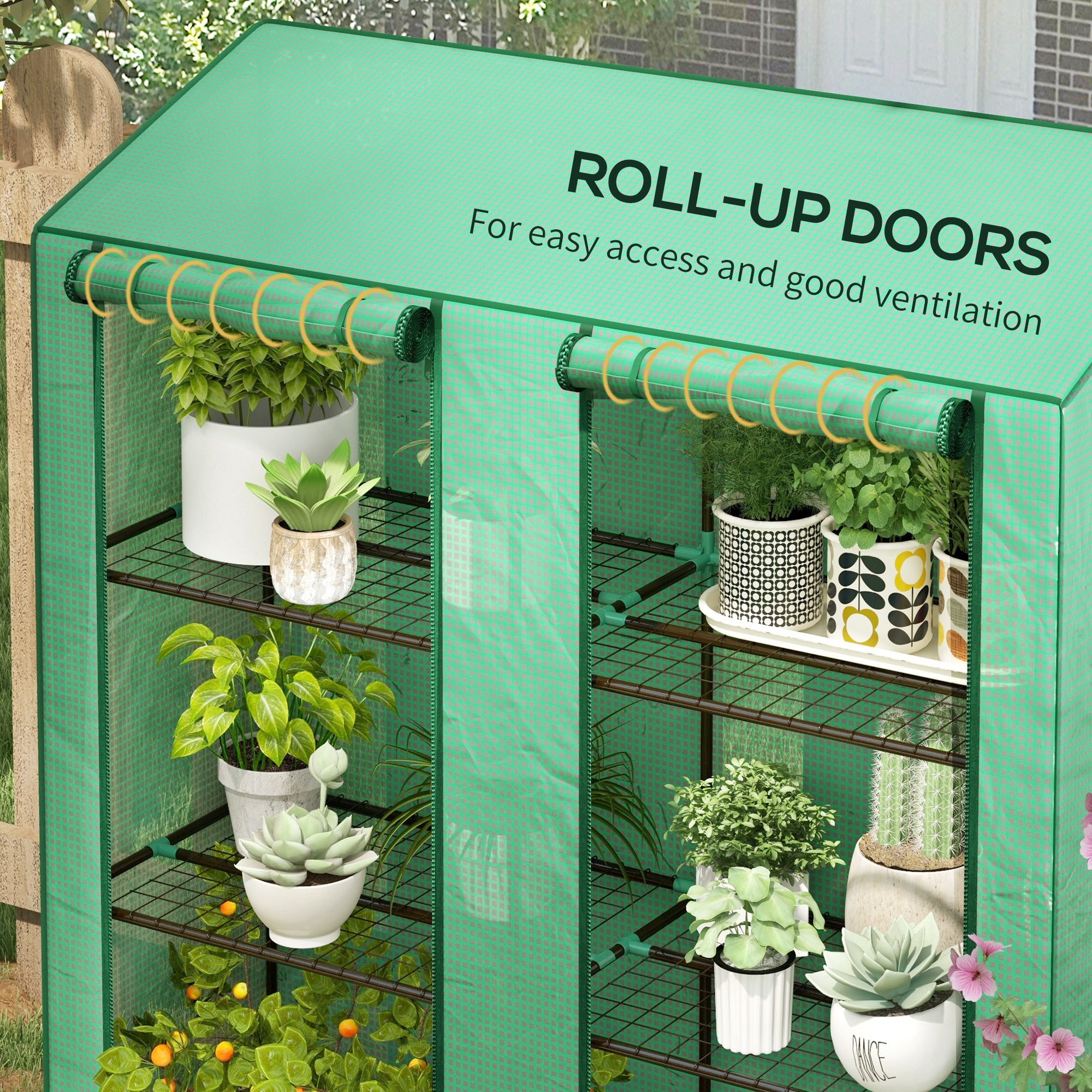 Outsunny garden greenhouse with pear coverage, 6 shelves and 2 roller shown doors, 143x46x151cm, green - Borgè
