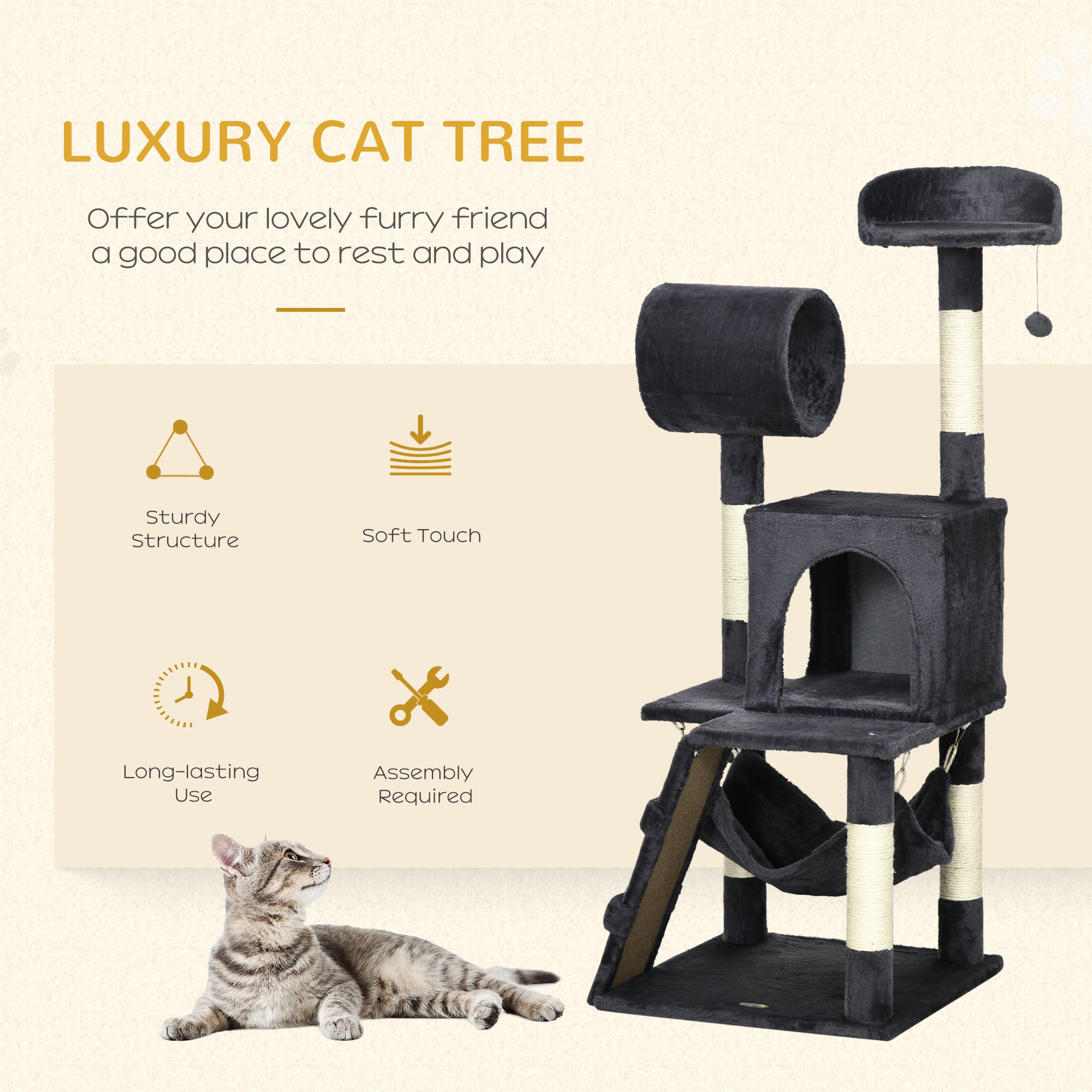Cat Tree with Cat Scratching Post, Cat House, Hammock, Bed, Tunnel and Ball, 48x48 x125 cm, Dark Grey - Borge' Group Limited