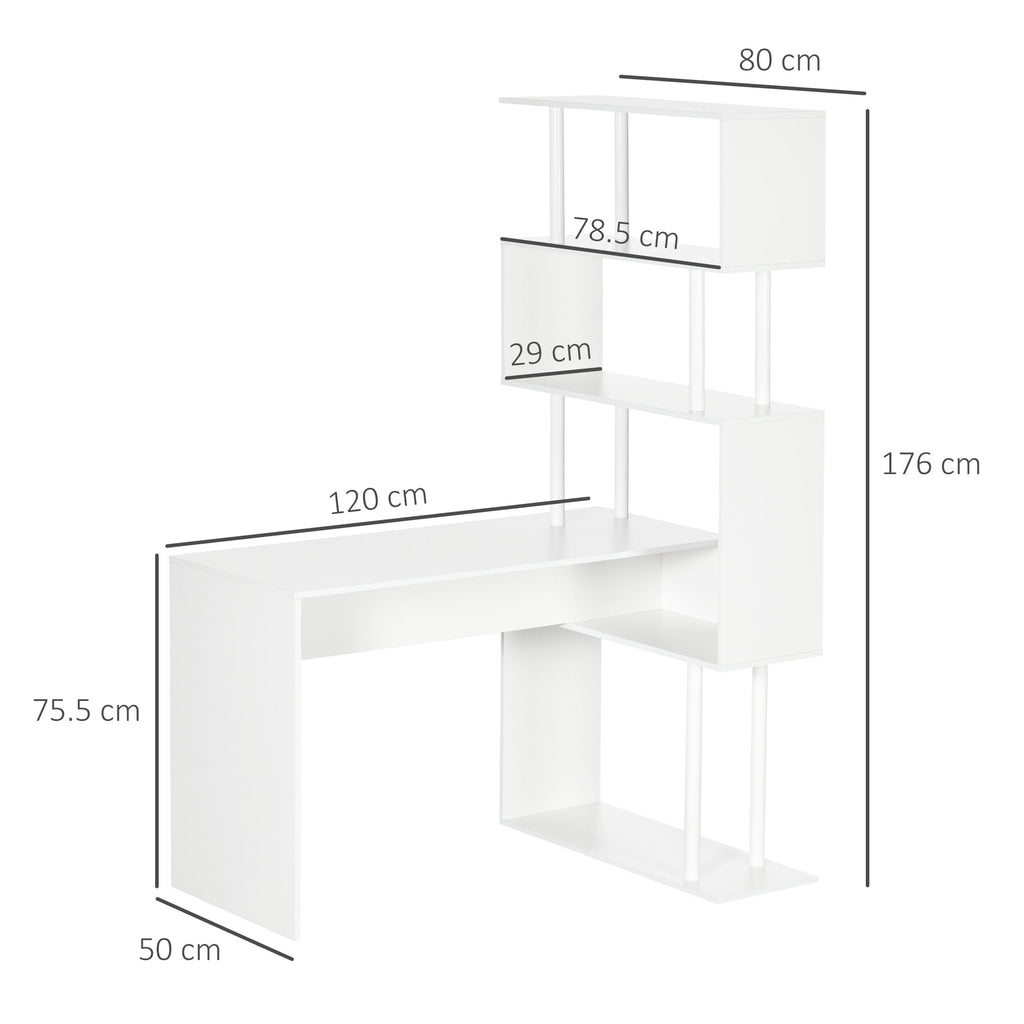 Modern Angular Desk in Chocolate Office and Studio with 4 -level shelf, 120x80x176 cm, white - Borgè