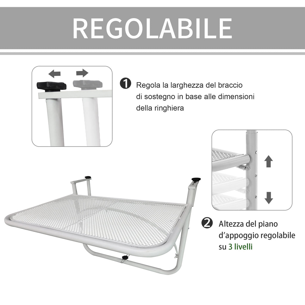 3-Tier Adjustable Height Railing Table with Hooks, Metal, 60x56.5x45 cm, White - Borge' Group Limited