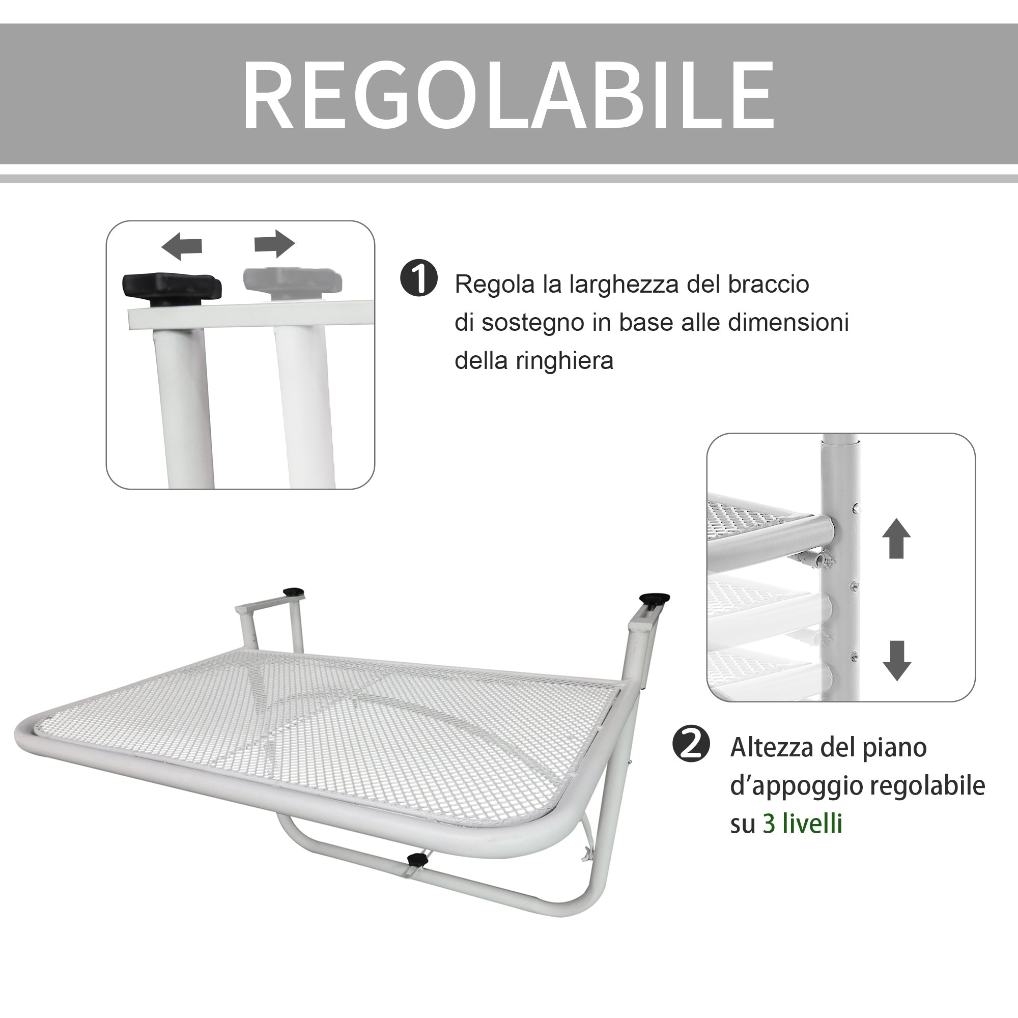 3-Tier Adjustable Height Railing Table with Hooks, Metal, 60x56.5x45 cm, White - Borge' Group Limited