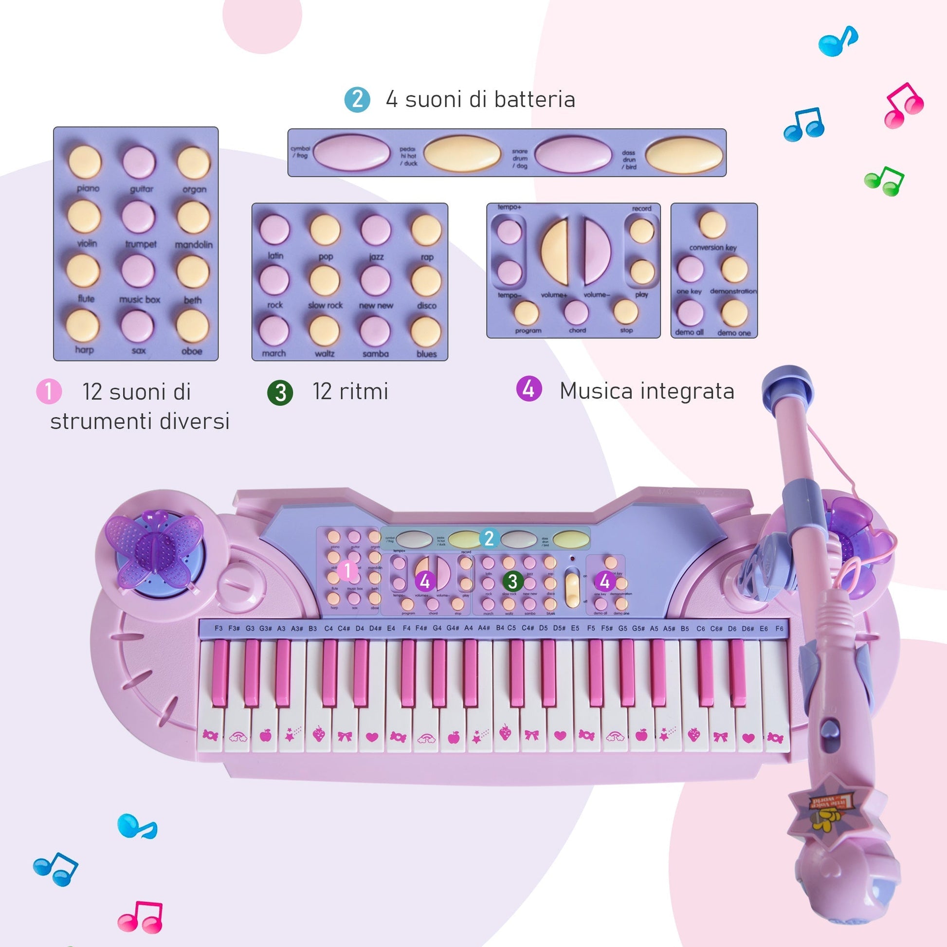 Pianola for children at 37 keys with stool and microphone, 12 instruments and 22 music, recording, mp3 and karaoke, pink - Borgè