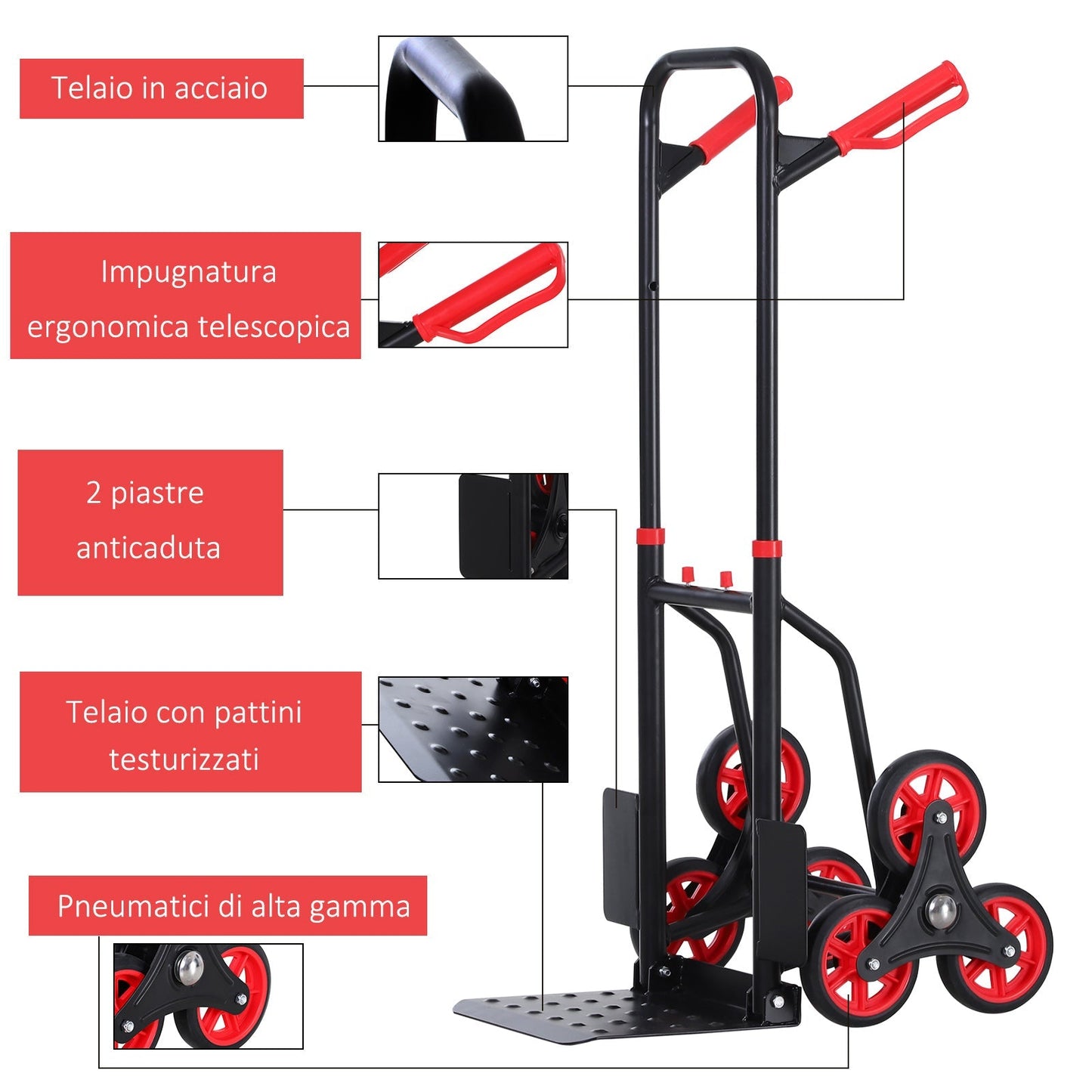 Durhand Trolley heavy loading lugs folding metal with 6 wheels for maximum loading stairs 150kg - Borgè