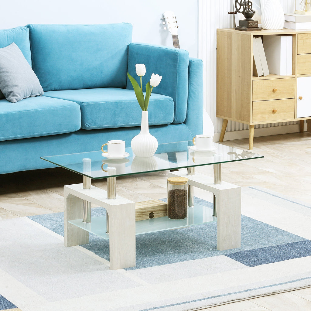 Modern coffee table with 2 levels in glass and wood, 90x50x42cm, white - Borgè