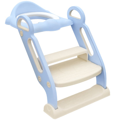 Kids Toilet Seat with folding ladder, side handles and removable pillow, blue