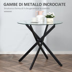 Round glass table and crossed metal legs, modern table for living and study, 80x80x75cm, black - Borgè