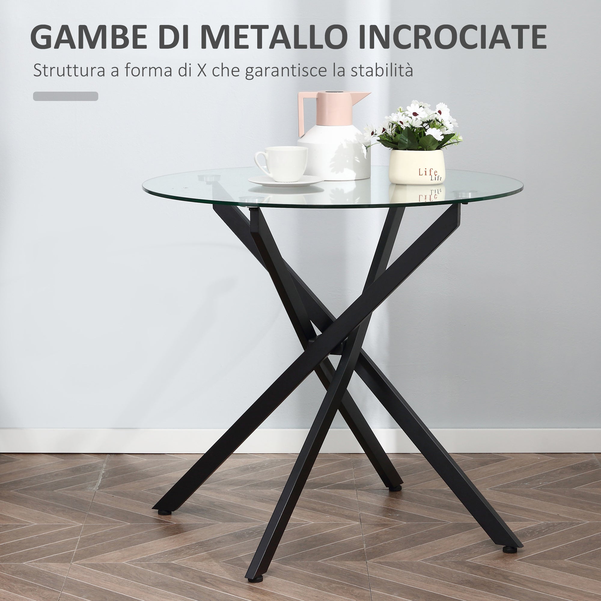 Round glass table and crossed metal legs, modern table for living and study, 80x80x75cm, black - Borgè