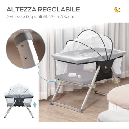 Baby Cot 2 in 1 with Rocking Bed, folding Cradle with Mattress and Net age 0-6 months, 59x55x67/69cm - Borgè