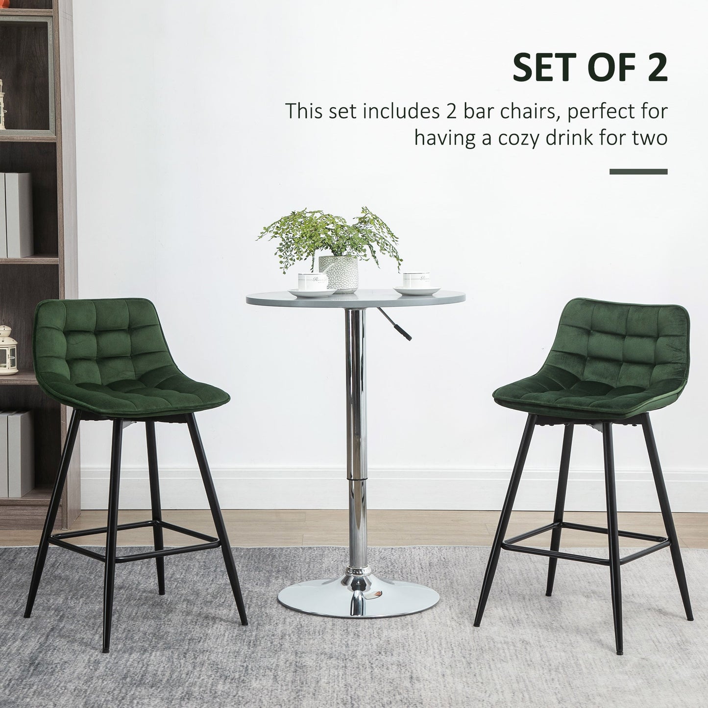 Set of 2 Nordic Style Metal and Velvet Bar Stools with Backrest and Footrest, Green, 45x47x84cm - Borgè