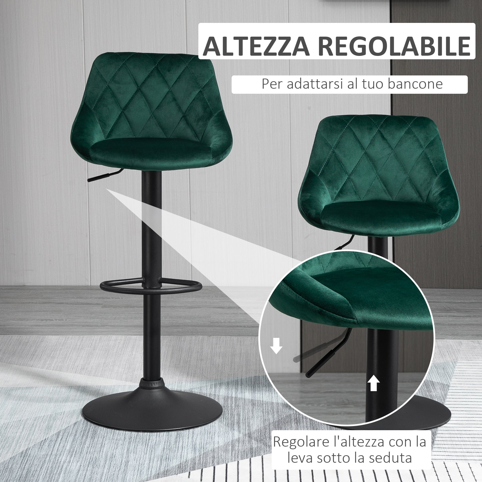 Set 2 swivel design bar stools with adjustable height of velvet - green effect coating - Borgè
