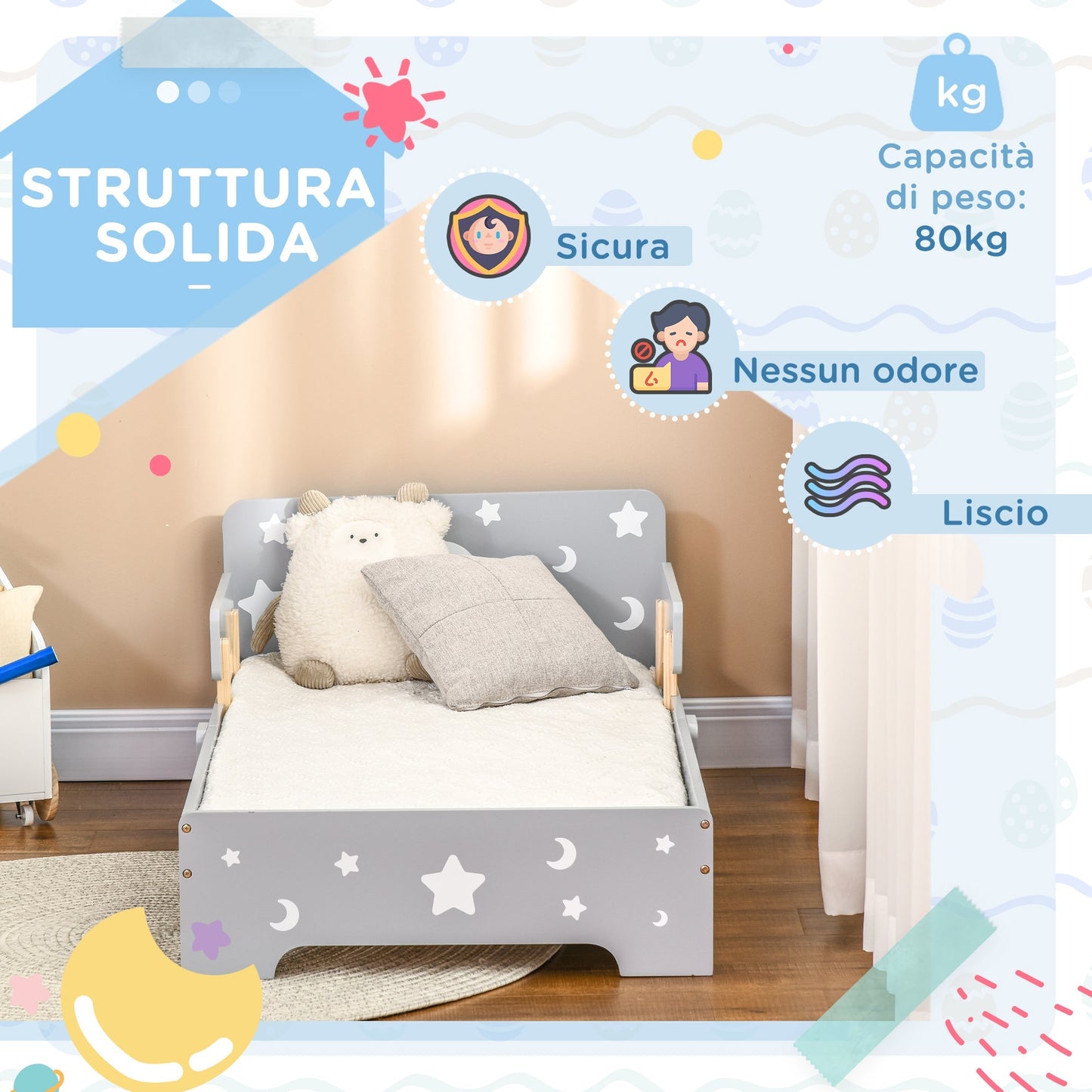 Bed for Kids 3-6 years with Stars and Moon | 143x76x49 cm - Borgè