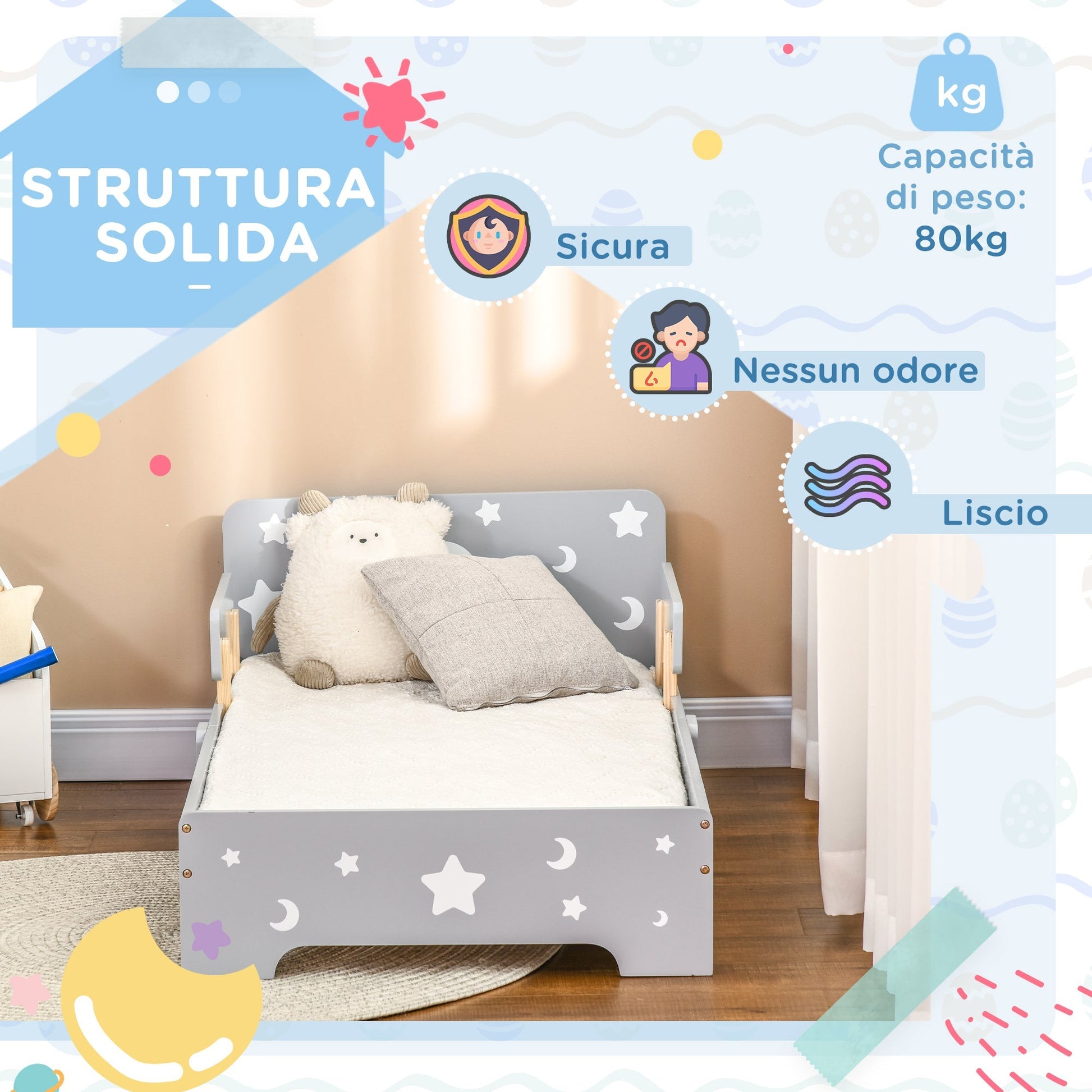 Bed for Kids 3-6 years with Stars and Moon | 143x76x49 cm - Borgè