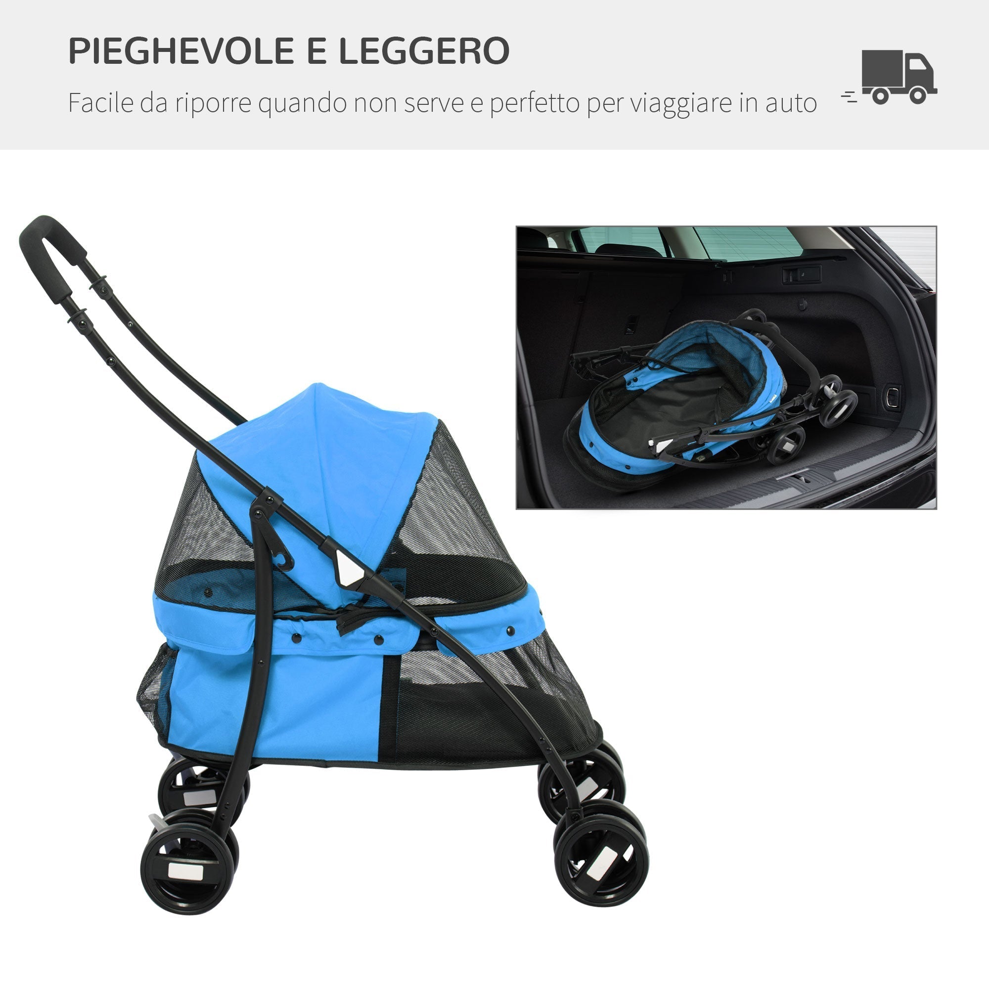 Foldable Dog Stroller with Adjustable Canopy and Swivel Wheels, 82x47x97cm, Blue - Borge' Group Limited